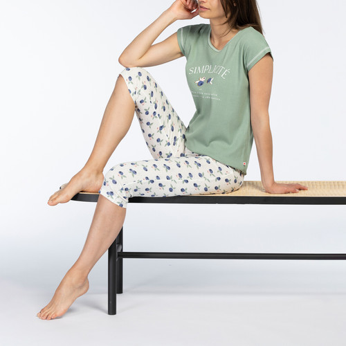 Pyjama corsaire manches longues vert en coton - Dodo homewear - Lingerie pyjamas et ensembles