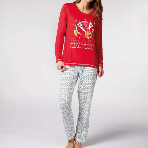 Pyjama Long Femme en Coton - Dodo Homewear - Rouge - Blanc - Vert - imprimés Noël - Dodo homewear - Aux couleurs du pere noel