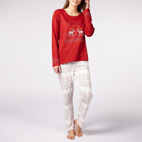 Pyjama Long femme en Coton - Dodo Homewear - Rouge - Blanc et Terra Cotta à Motifs Rennes-Noël Dodo homewear  - Dodo Homewear